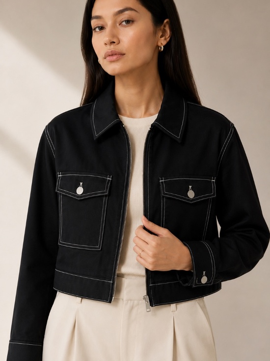 OAK + FORT Jackets & Blazers - OAK + FORT Black Contrast Stitch Cropped Utility Jacket M Minimalist
